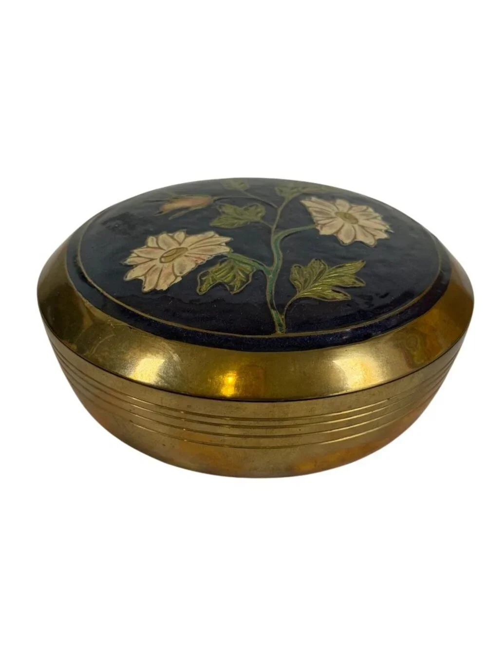 Vintage Brass Trinket Box Enamel Floral Lid Jewelry Grandma Cottage Core